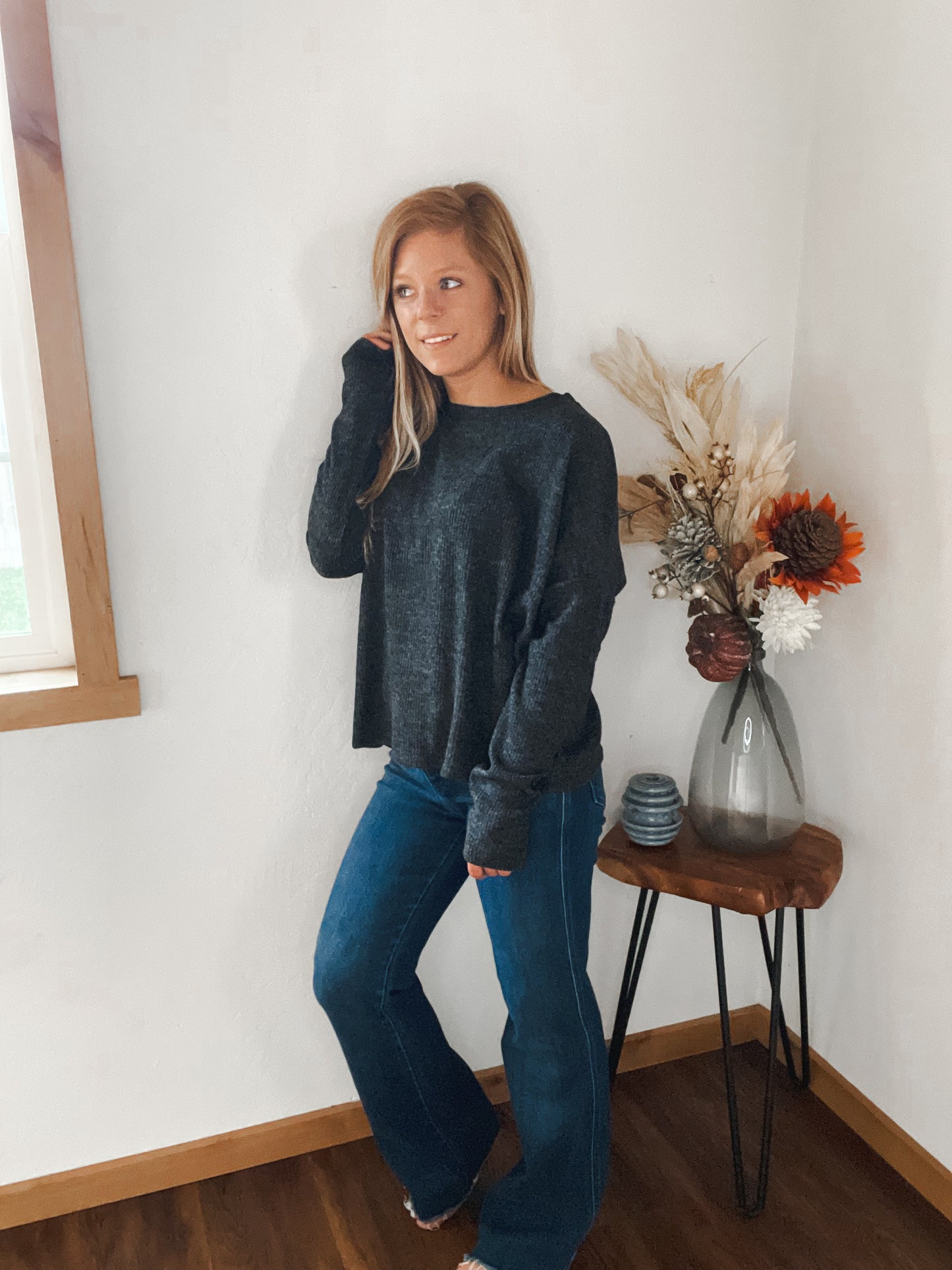 Ribbed Dolman Crew Neck Sweater